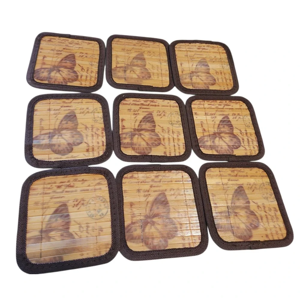 Vintage Style Bamboo Butterfly Coaster‎ Set of 9 Brown Fabric Trim 4.5 Inch